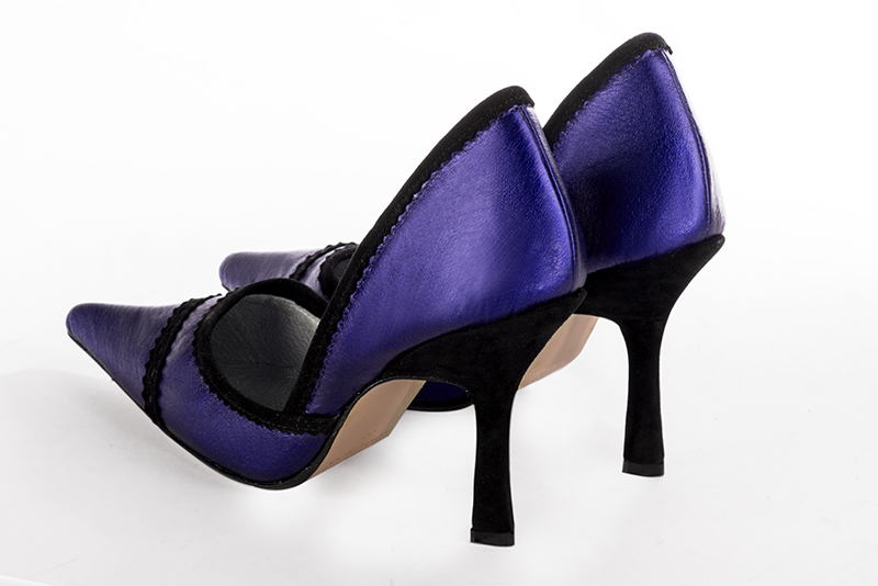 Amethyst purple and matt black women's open arch dress pumps. Pointed toe. Very high spool heels. Rear view - Florence KOOIJMAN